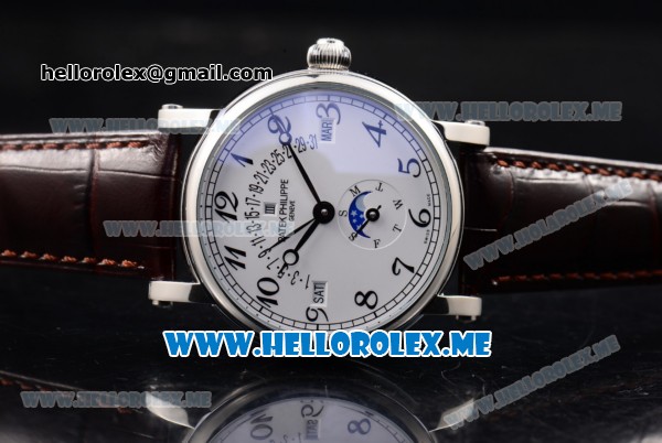 Patek Philippe Grand Complications Asia ST25 Automatic Steel Case with White Dial and Brown Leather Strap Arabic Numeral Markers - Click Image to Close